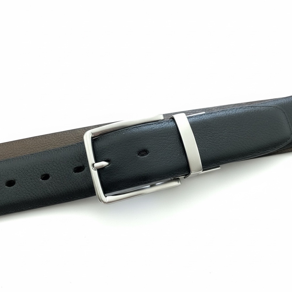 Torino Pebbled Italian Leather Reversable Belt Men Sz 38 Silver Tone Buckle